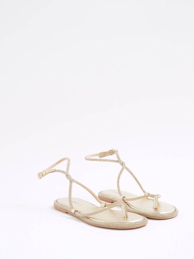 River Island Gold Embellished Twist Flat Sandals - Image 2 of 5