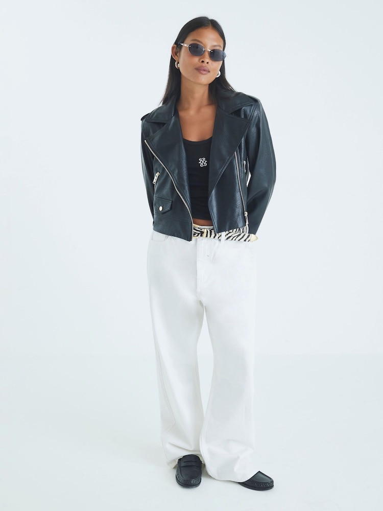 River Island Black Petite Black Boxy Biker Jacket - Image 1 of 4
