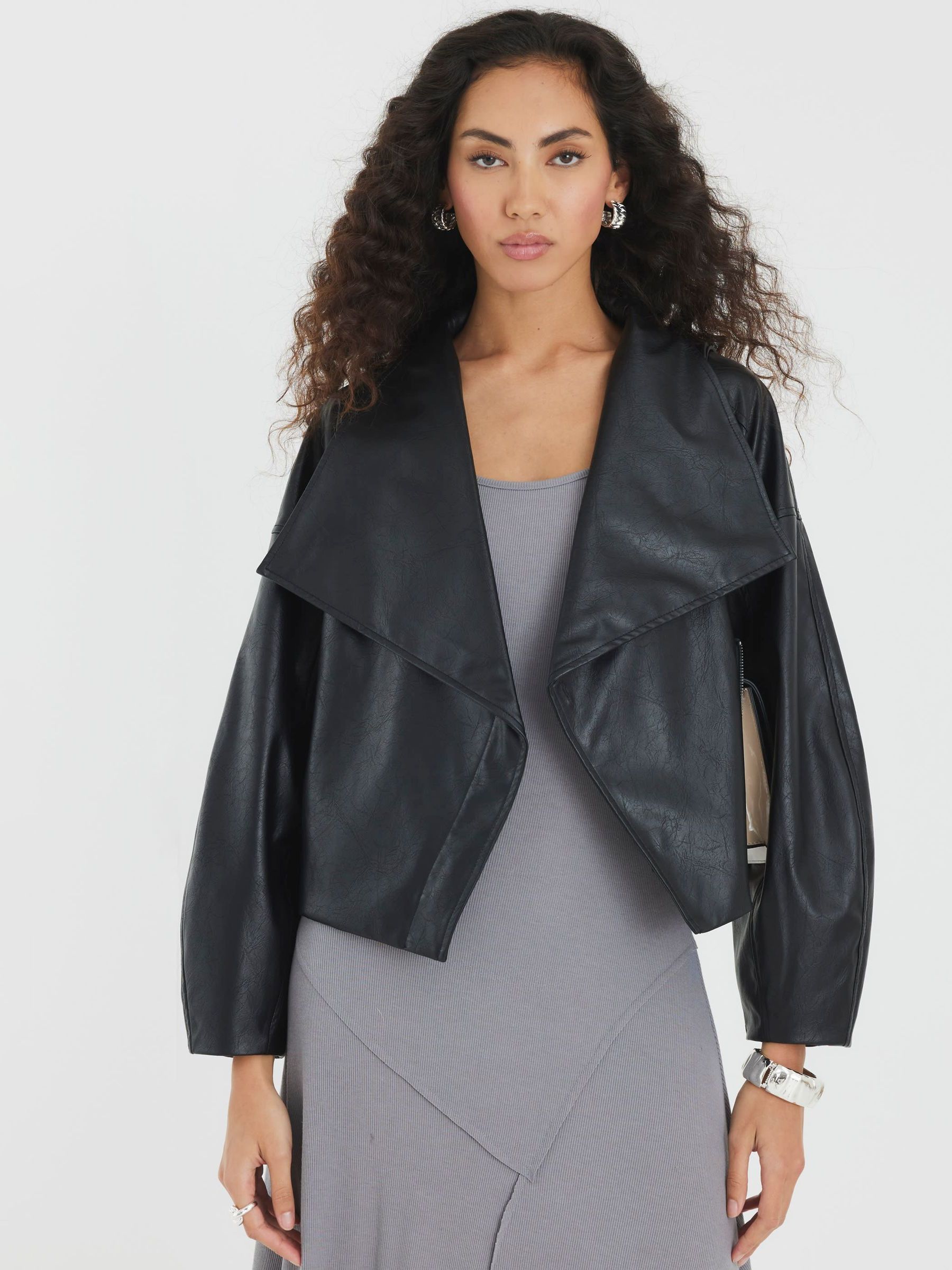 Buy River Island Black Faux Leather Short Waterfall Jacket from