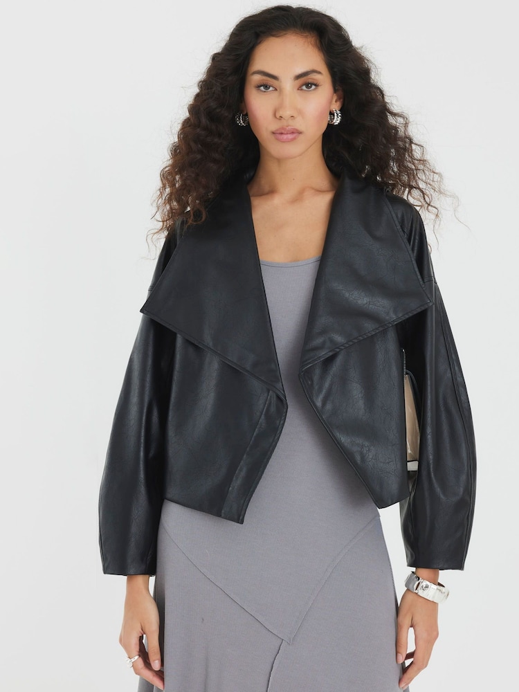 River Island Black Faux Leather Short Waterfall Jacket - Image 1 of 4
