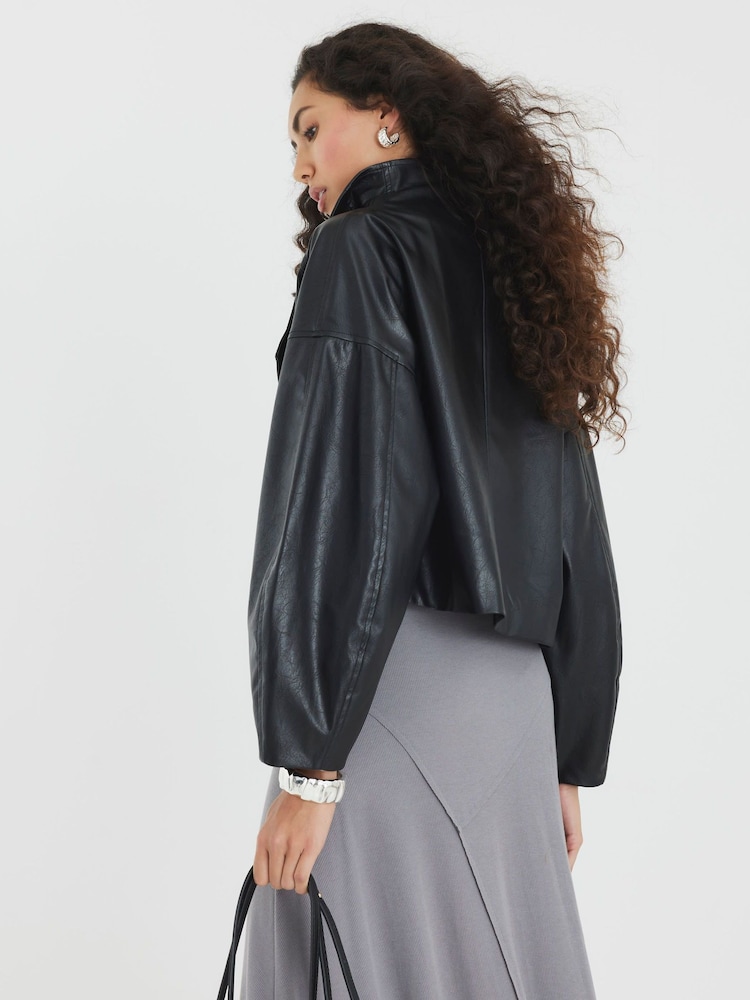 River Island Black Faux Leather Short Waterfall Jacket - Image 2 of 4