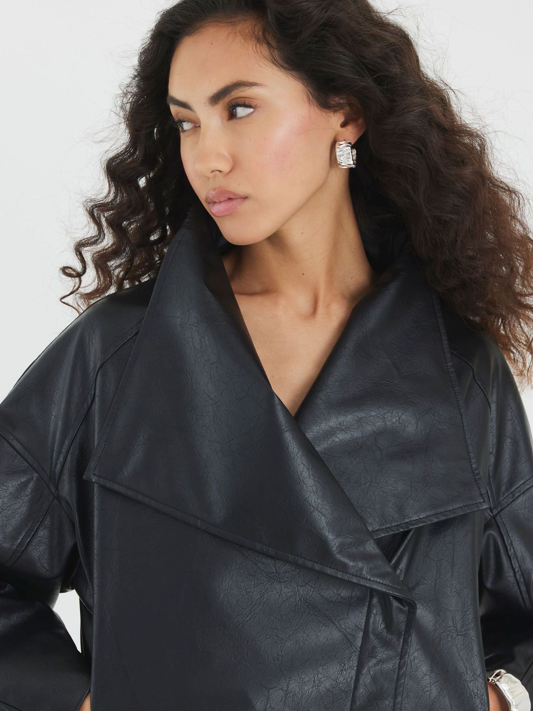 Buy River Island Black Faux Leather Short Waterfall Jacket from