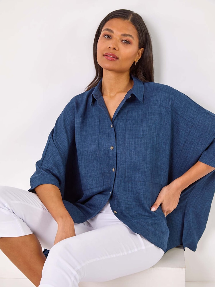 Roman Navy Blue Relaxed Boxy Shirt - Image 1 of 5 Roman Navy Blue Relaxed Boxy Shirt - Image 1 of 5