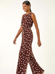 Roman Brown Spot Print Chiffon Belted Jumpsuit - Image 1 of 5