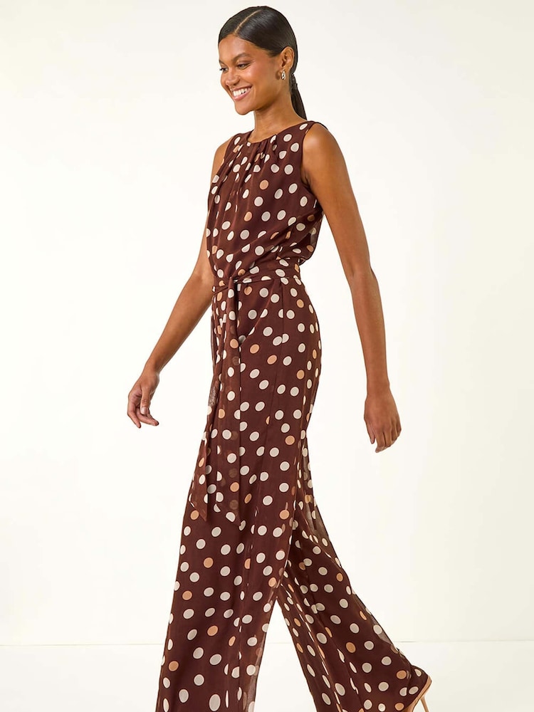 Roman Brown Spot Print Chiffon Belted Jumpsuit - Image 1 of 5 Roman Brown Spot Print Chiffon Belted Jumpsuit - Image 1 of 5