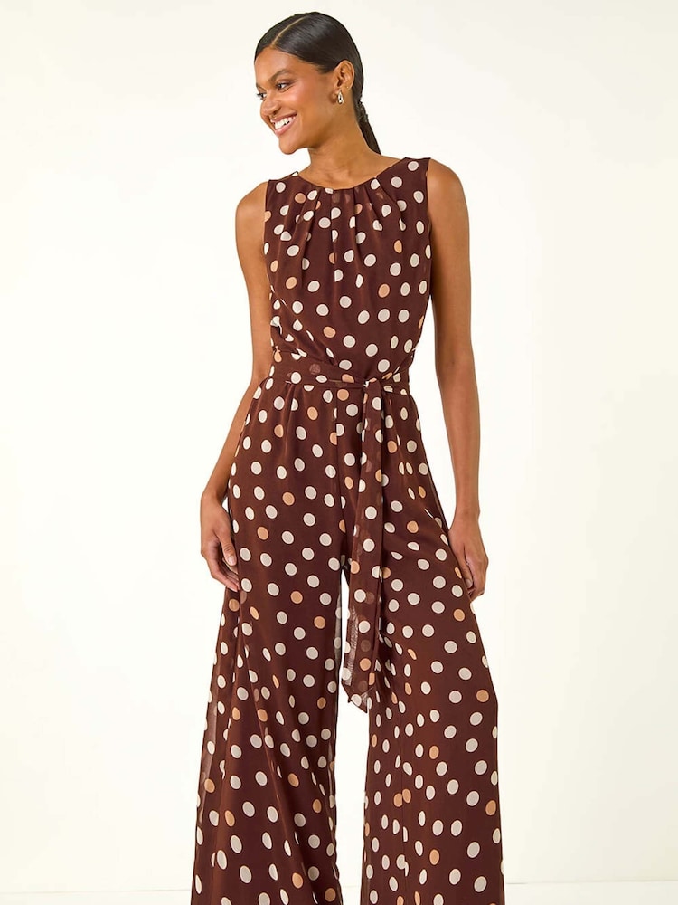 Roman Brown Spot Print Chiffon Belted Jumpsuit - Image 2 of 5 Roman Brown Spot Print Chiffon Belted Jumpsuit - Image 2 of 5