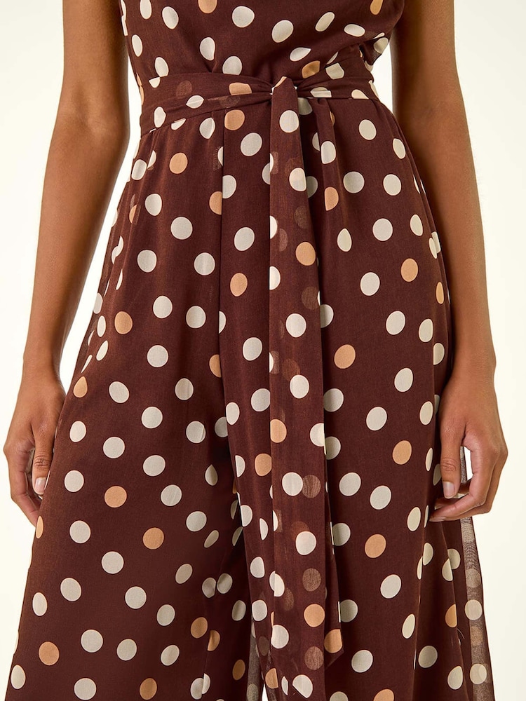 Roman Brown Spot Print Chiffon Belted Jumpsuit - Image 5 of 5 Roman Brown Spot Print Chiffon Belted Jumpsuit - Image 5 of 5