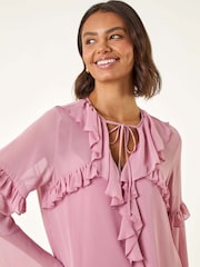 Roman Purple Chiffon Tie Neck Ruffle Tunic Top - Image 1 of 5