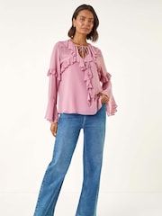 Roman Purple Chiffon Tie Neck Ruffle Tunic Top - Image 2 of 5