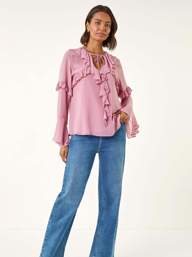 Roman Purple Chiffon Tie Neck Ruffle Tunic Top - Image 2 of 5