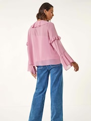 Roman Purple Chiffon Tie Neck Ruffle Tunic Top - Image 3 of 5