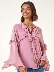 Roman Purple Chiffon Tie Neck Ruffle Tunic Top - Image 4 of 5
