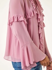 Roman Purple Chiffon Tie Neck Ruffle Tunic Top - Image 5 of 5