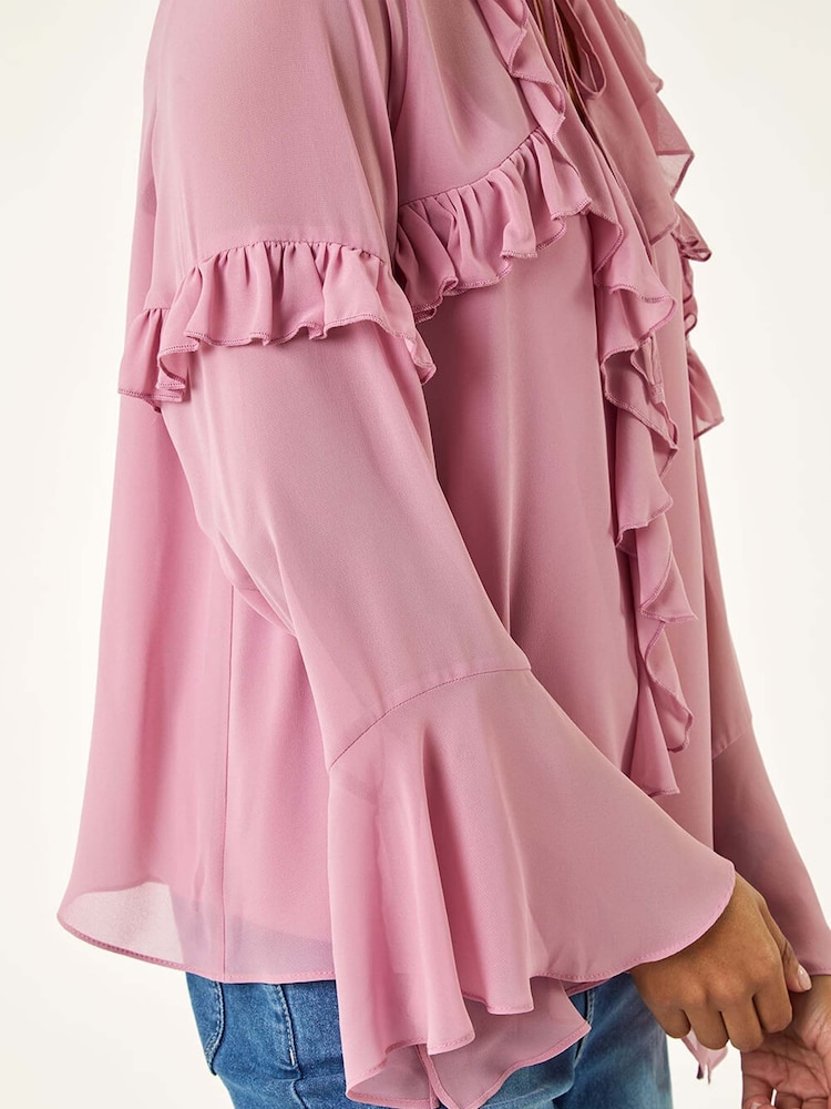 Roman Purple Chiffon Tie Neck Ruffle Tunic Top - Image 5 of 5