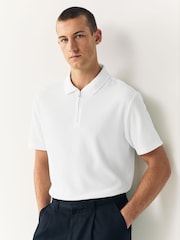 Ecru White Textured Smart Zip Neck Polo Shirt - Image 1 of 7
