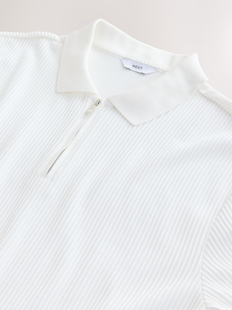 Ecru White Textured Smart Zip Neck Polo Shirt - Image 7 of 7 Ecru White Textured Smart Zip Neck Polo Shirt - Image 7 of 7