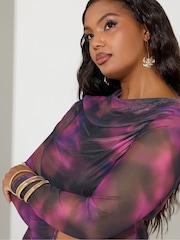Yours Curve Purple London Blurred Cowl Mesh Top - Image 4 of 5
