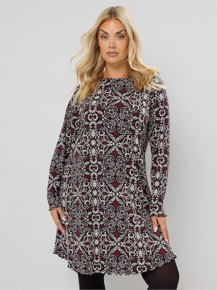 Yours Curve Brown Printed Ribbed Tunic - Image 1 of 5 Yours Curve Brown Printed Ribbed Tunic - Image 1 of 5