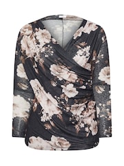 Yours Curve Blue London Floral Print Text Wrap Top - Image 5 of 5