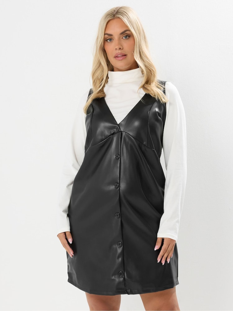 Yours Curve Black PU Pinafore Dress - Image 1 of 5 Yours Curve Black PU Pinafore Dress - Image 1 of 5