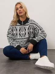 Yours Curve Black Quarter Zip Neck Fairisle Jumper - Image 1 of 6