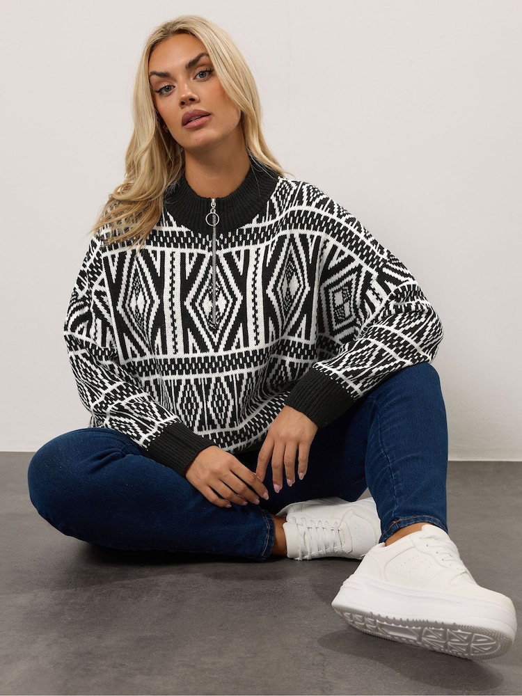 Yours Curve Black Quarter Zip Neck Fairisle Jumper - Image 1 of 6