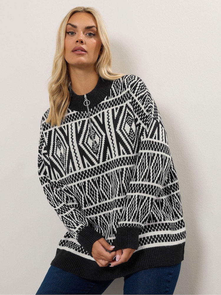 Yours Curve Black Quarter Zip Neck Fairisle Jumper - Image 2 of 6