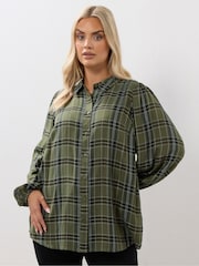 Yours Curve Green Balloon Sleeve Check Blouse - Image 1 of 5