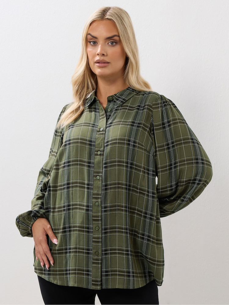 Yours Curve Green Balloon Sleeve Check Blouse - Image 1 of 5