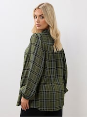 Yours Curve Green Balloon Sleeve Check Blouse - Image 2 of 5