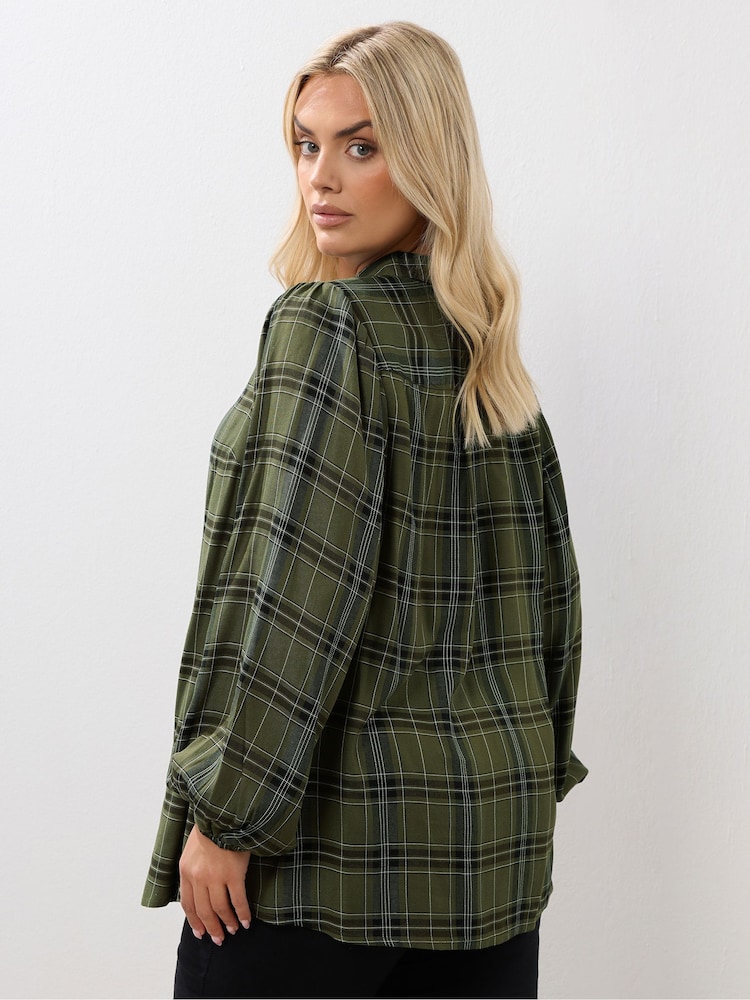 Yours Curve Green Balloon Sleeve Check Blouse - Image 2 of 5