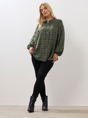 Yours Curve Green Balloon Sleeve Check Blouse - Image 3 of 5