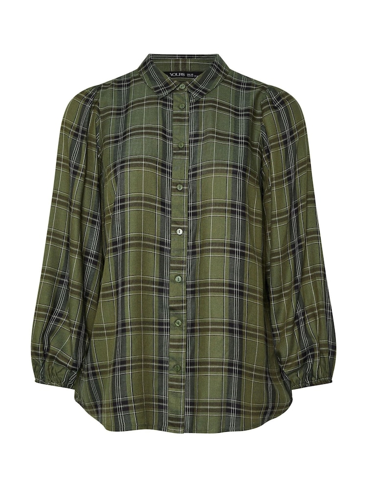 Yours Curve Green Balloon Sleeve Check Blouse - Image 5 of 5