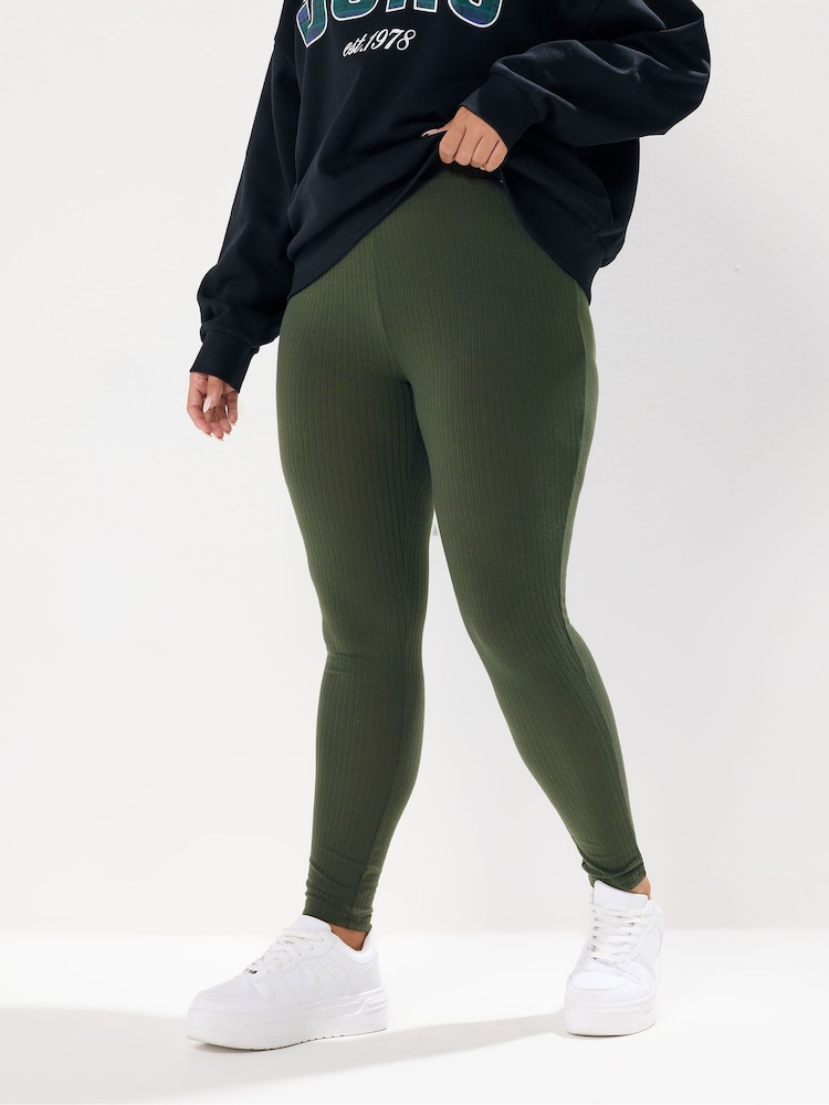 Yours Curve Green Ribbed Leggings - Image 2 of 5
