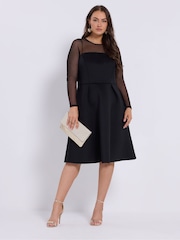 Yours Curve Black London Mesh Sleeve Scuba Skater Dress - Image 1 of 2