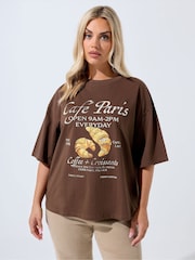 Yours Curve Brown Limited Croissant Cafe T-Shirt - Image 1 of 7