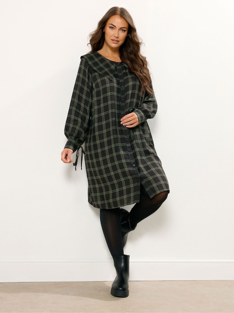 Yours Curve Green Check Collared Smock Mini Dress - Image 1 of 5 Yours Curve Green Check Collared Smock Mini Dress - Image 1 of 5