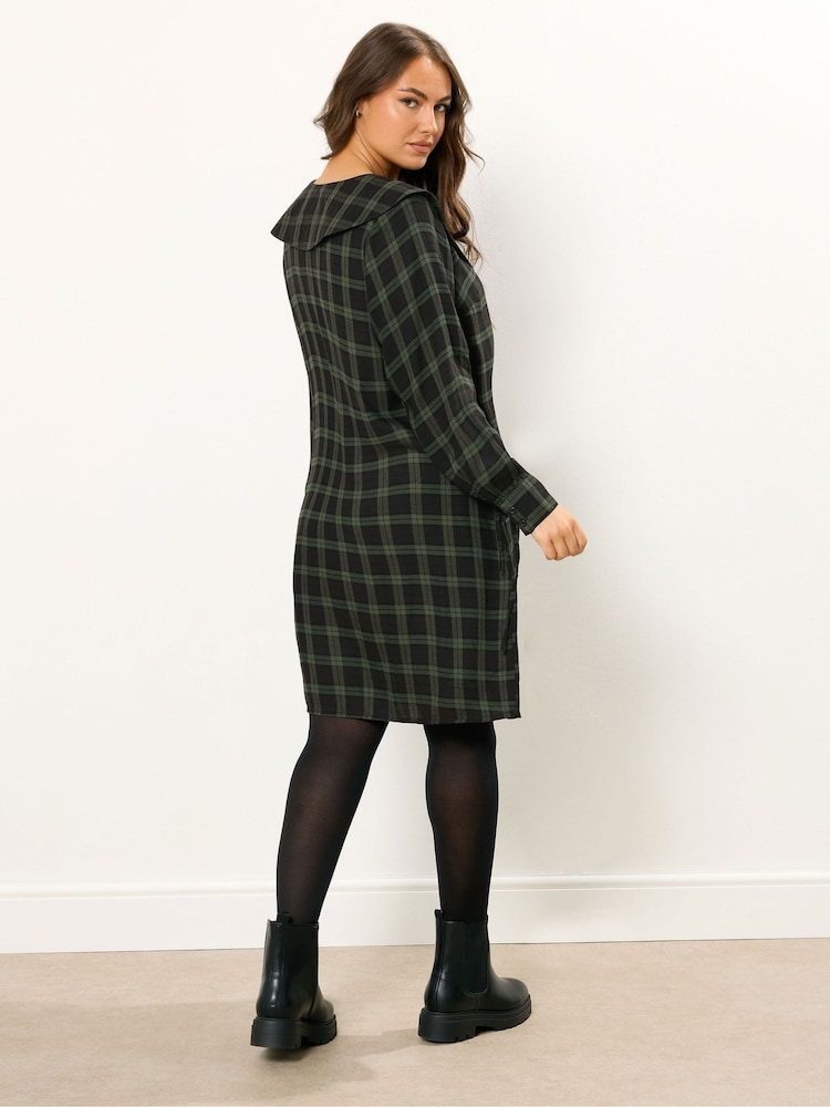 Yours Curve Green Check Collared Smock Mini Dress - Image 2 of 5 Yours Curve Green Check Collared Smock Mini Dress - Image 2 of 5