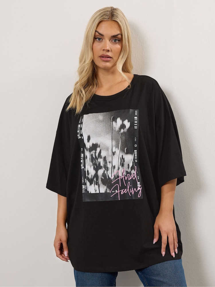 Yours Curve Black Oversized Boxy T-Shirt - Image 1 of 5