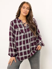 Yours Curve Red Check Tie Neck Blouse - Image 3 of 6