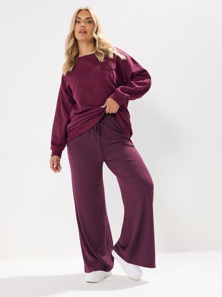 Yours Curve Red Wide Leg Ribbed Pull On Trousers - Image 1 of 5 Yours Curve Red Wide Leg Ribbed Pull On Trousers - Image 1 of 5