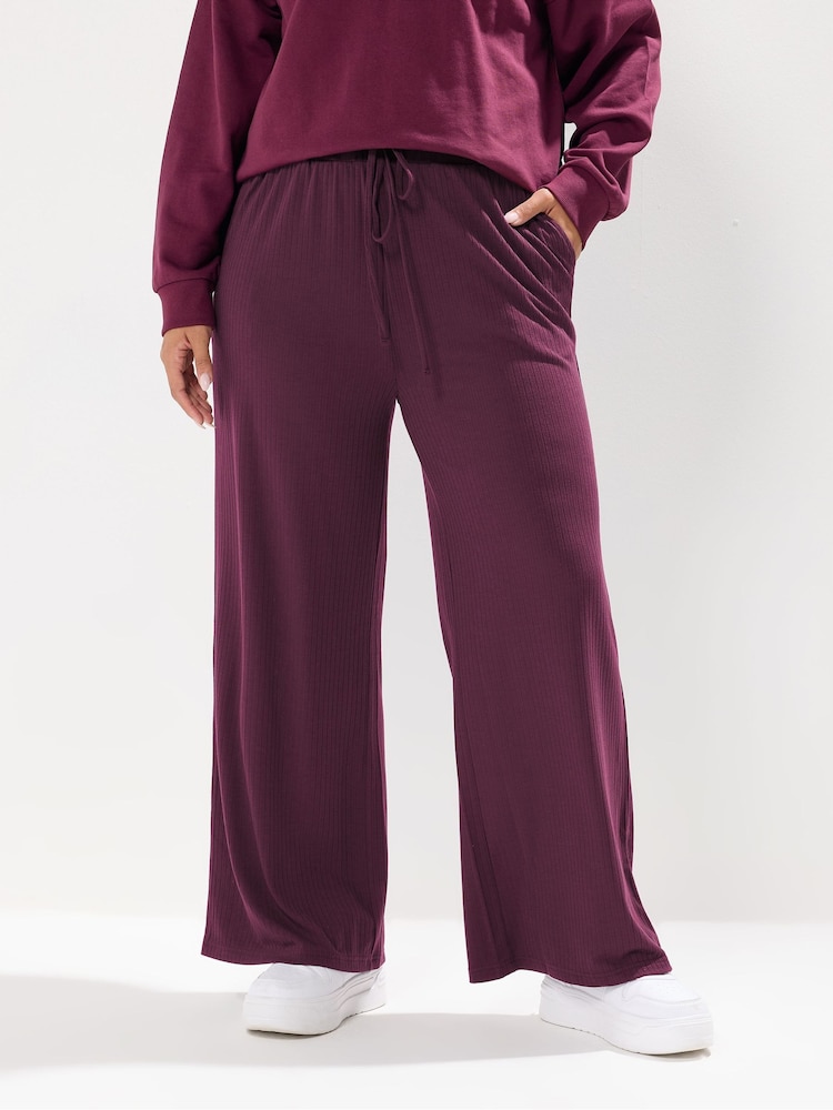 Yours Curve Red Wide Leg Ribbed Pull On Trousers - Image 2 of 5