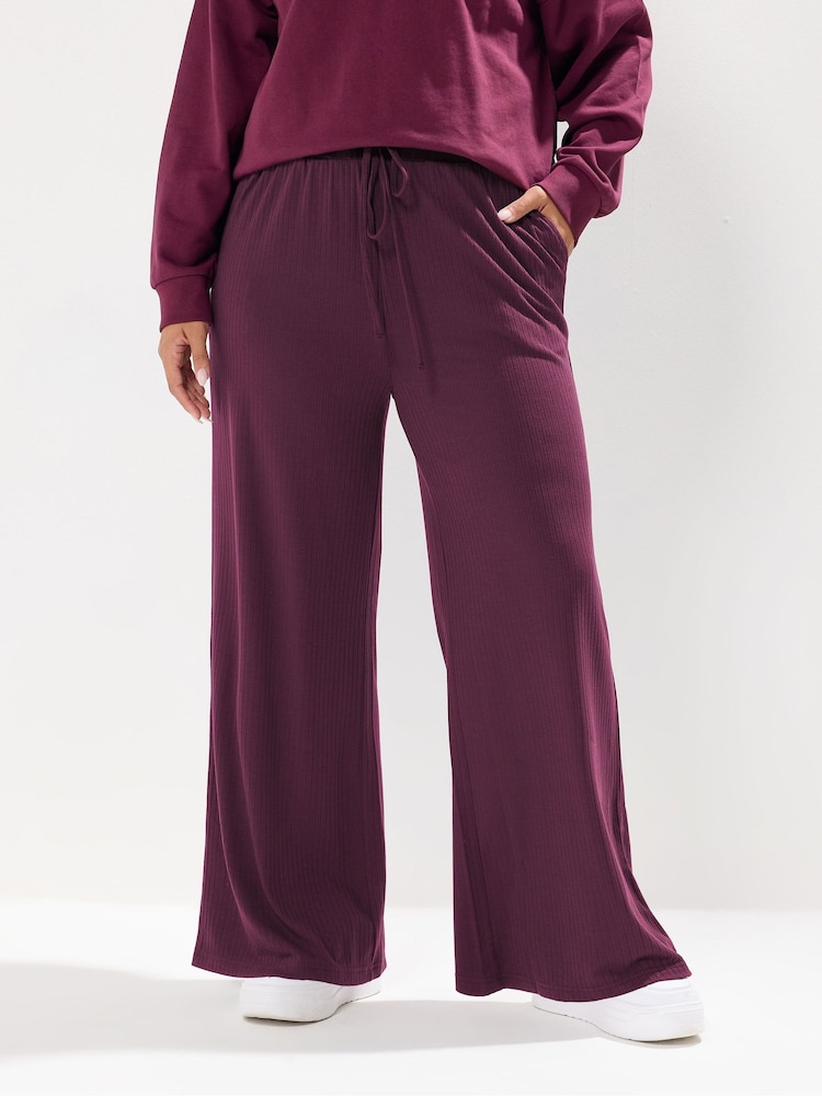 Yours Curve Red Wide Leg Ribbed Pull On Trousers - Image 2 of 5 Yours Curve Red Wide Leg Ribbed Pull On Trousers - Image 2 of 5