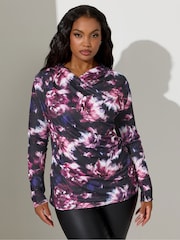 Yours Curve Purple London Floral Print Text Wrap Top - Image 1 of 5