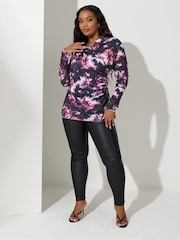 Yours Curve Purple London Floral Print Text Wrap Top - Image 2 of 5