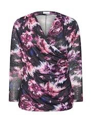Yours Curve Purple London Floral Print Text Wrap Top - Image 5 of 5
