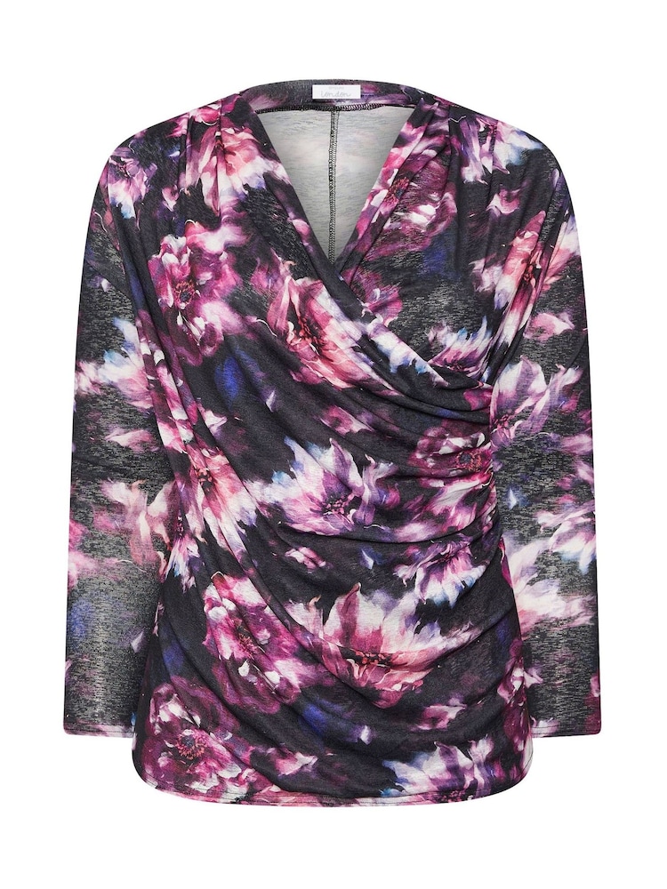 Yours Curve Purple London Floral Print Text Wrap Top - Image 5 of 5