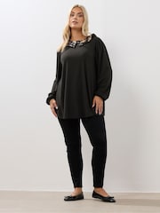 Yours Curve Black Collared Ribbed Balloon Sleeve Top - Image 1 of 4