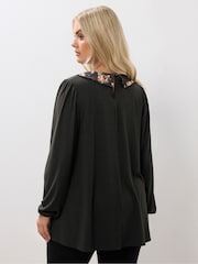Yours Curve Black Collared Ribbed Balloon Sleeve Top - Image 2 of 4