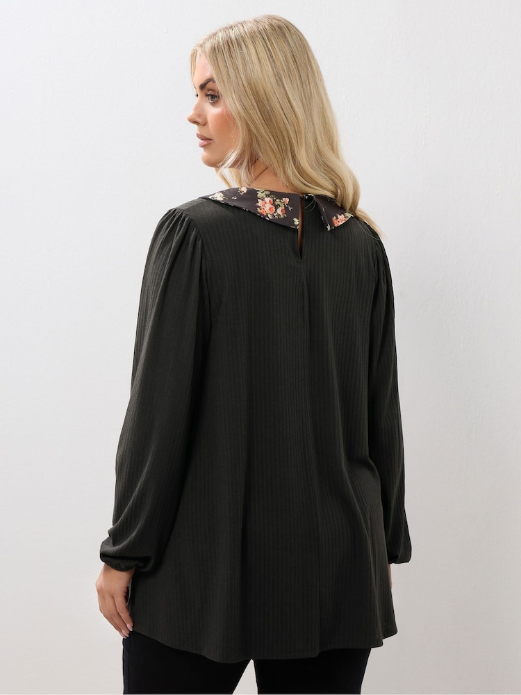 Yours Curve Black Collared Ribbed Balloon Sleeve Top - Image 2 of 4